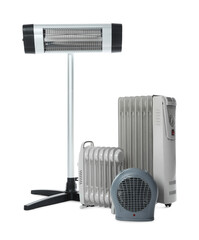 Different types of electric heaters isolated on white