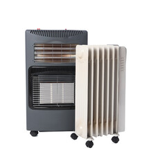 Different types of electric heaters isolated on white