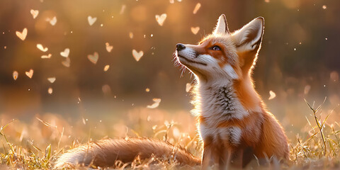 Adorable fox cub looks up with golden bokeh hearts