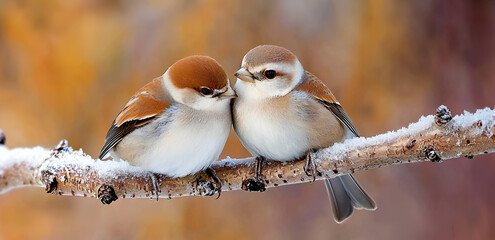 Two cute birds perched on a snow-dusted branch