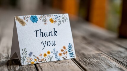 A thank you card rests on a wooden table, adorned with flowers and conveying appreciation in a personal touch