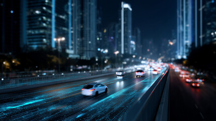 Futuristic smart city night scene with autonomous cars driving on connected digital highway, glowing data grid visualization autonomous vehicles, smart city, AI, technology, innova