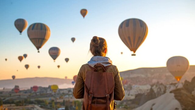 A woman gazes at a breathtaking sunrise over a valley dotted with hot air balloons