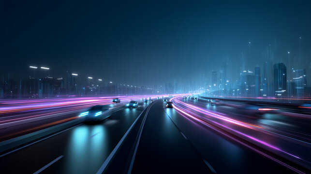 Digital futuristic highway with autonomous electric vehicles communicating via AI network under neon cyber grid lighting future city, smart mobility, self-driving technology, autom