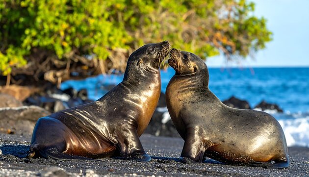 Two sea lions on a beach, nose to nose, playful moment