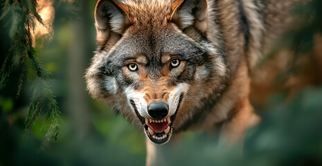 Fierce wolf bares teeth, intense gaze, wild forest predator close-up