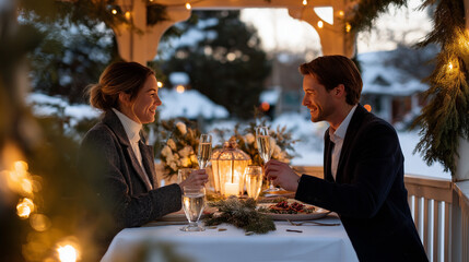 A couple enjoys candlelit dinner in snow covered Victorian gazebo decorated with evergreens elegant table setting with champagne and gourmet meal while propane heaters provide war