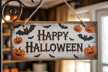 Rustic happy halloween wooden sign with pumpkins and bats festive decoration