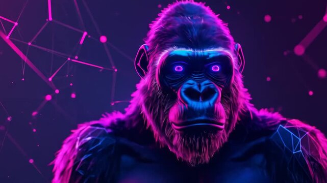 Portrait of a formidable silverback gorilla with glowing cybernetic eyes amidst a futuristic neon plexus