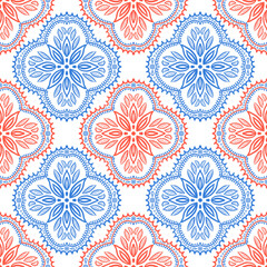 Seamless geometric pattern with ornate floral mandala design in red and blue on a transparent background. Perfect for textile design, wallpaper, wrapping paper, digital backgrounds, surface decoration