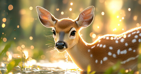 Curious fawn drinks from sparkling water with golden light