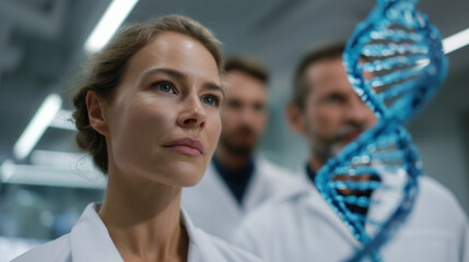 Scientists examining holographic DNA model and genetic data visualization in futuristic research lab DNA structure, genetic data, molecular biology, genome sequencing, scientific i