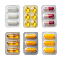 Examining various capsules and pills pharmacy product isolated on transparent background