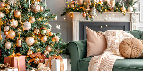 Cozy Christmas living room with decorated tree and gifts