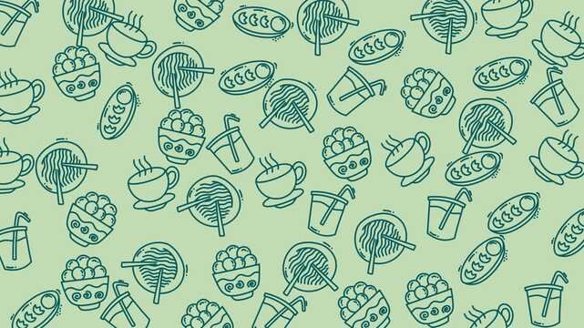 Doodle food pattern perfect for restaurant menus, food packaging, and kitchen decor. Hand drawn items on soft pale background.