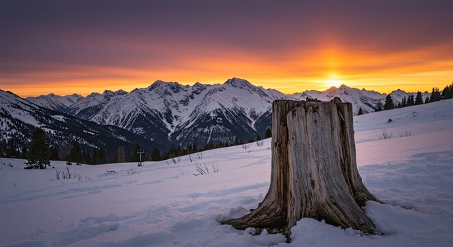 Stunning winter sunset illuminates majestic snow-capped mountains and a weathered tree stump, evoking solitude and natural beauty in a serene alpine landscape - Powered by Adobe