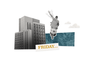 Creative picture collage young man riding bike city urban landscape buildings office friday rest weekend travel drawing background