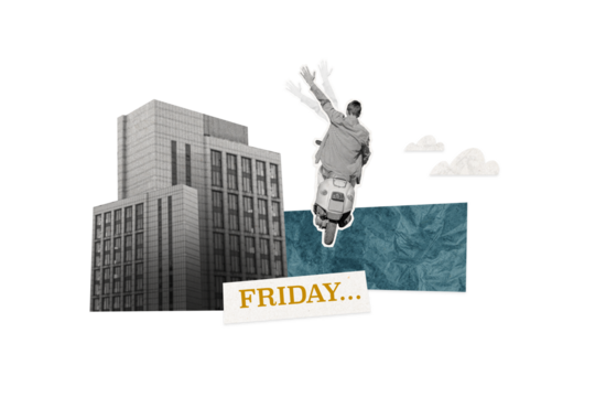 Creative picture collage young man riding bike city urban landscape buildings office friday rest weekend travel drawing background