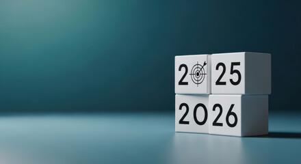 Upcoming 2025, 2026 Year Concept. White Blocks Cubes with Number Symbols Stacked on Top Each Other on Turquoise Background. Achievement, Planning, Goal, Vision Theme