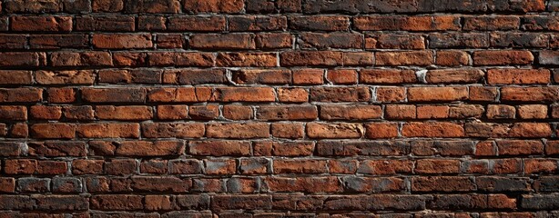 The brick wall with weathered red bricks and textured rustic masonry in low light