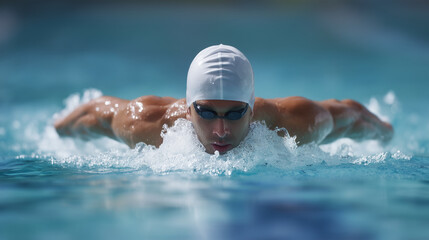 Competitive male swimmer in swim cap and goggles performing butterfly stroke in clear blue pool water swimmer, butterfly stroke, competition, swimming, sports, athlete, pool, endur