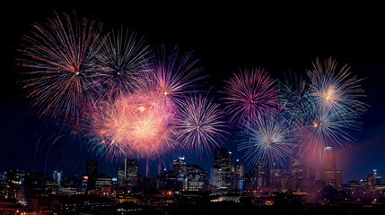 A stunning fireworks display over a city skyline at midnight on New Year's Eve.