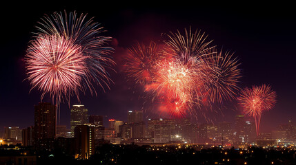 A stunning fireworks display over a city skyline at midnight on New Year's Eve.