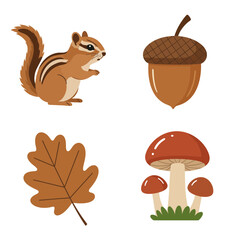 Obraz premium Cute Chipmunk, Acorns and Mushrooms Vector – Autumn Woodland Animal Illustration
