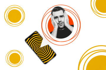 Composite photo collage of scared panic man hold face iphone screen hypnosis addiction technology concept isolated on painted background