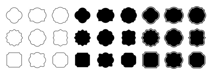 Abstract geometric shapes transitioning from outlines to solid black forms in a grid pattern