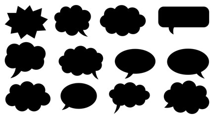 Collection of diverse black speech bubble silhouettes on a white background for communication and ideas
