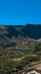 Mountain view of the Rila Mountains in Bulgaria. Seven Rila Lake hike. Eco trails. Connection with nature.	