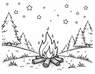 Cartoon Campfire in Forest at Night Coloring Page