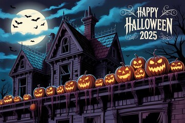 Spooky halloween night haunted house glowing pumpkins bats full moon celebration 2025