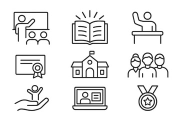 Set of 9 thin line editable icons for education and social inclusion, including schools, teachers, scholarships, children, and online learning.