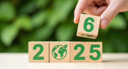 Sustainable Future, Transition From 2025 To 2026 with Green Earth Symbol and Wooden Blocks