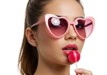 Beautiful woman with heart-shaped sunglasses and lollipop isolated on transparent background, playful fashion portrait for Valentine s Day