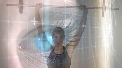 After fading in woman pressing barbell up for fitness tech while eye tracking with holo grid - Powered by Adobe