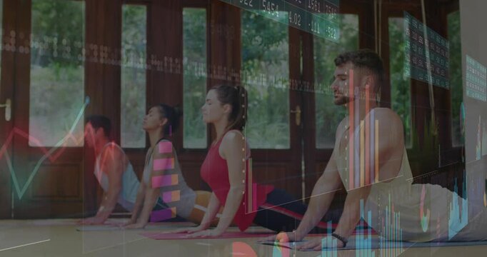 Yoga duo pressing palms arching spines for unified flow with third joining and arrows tracing back