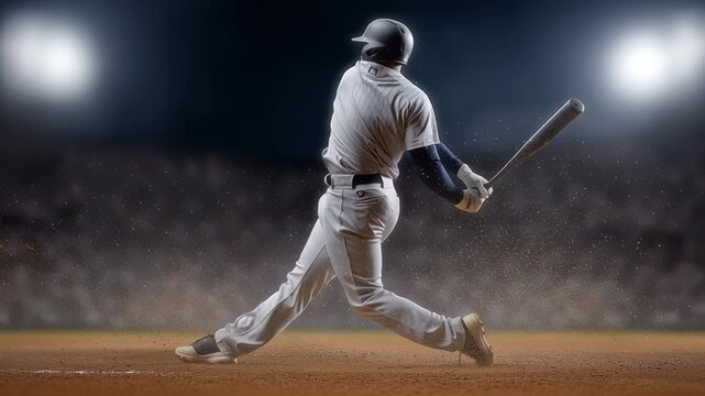 Baseball player in grey uniform swings bat forcefully at pitched ball under bright stadium lights, showing power, precision, and athletic performance in professional competition setting.
