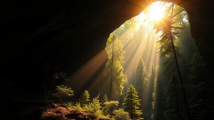 The sun streams down upon towe pine trees with lush green foliage from a darkened cave entrance in a breathtaking view of nature's wondrous beauty.