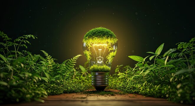Glowing lightbulb filled with vibrant moss and lush greenery symbolizes innovative eco-friendly energy solutions and sustainable growth
