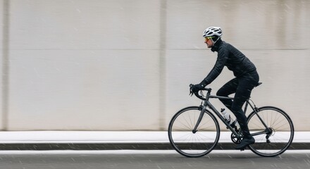 Obraz premium Determined cyclist in all-black winter gear rides a road bike fast through a light first snowfall, illustrating winter fitness and challenging weather training.