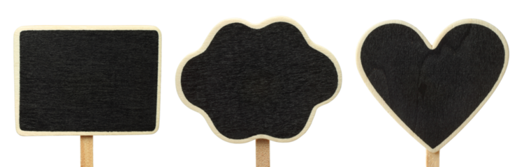 Set of chalk boards in shapes of rectangle, cloud and heart, isolated on transparent background