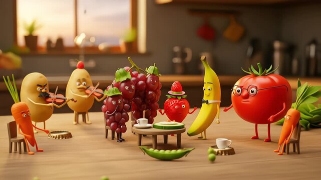 A whimsical party of animated fruits and vegetables comes to life on a kitchen table, playing music and socializing together