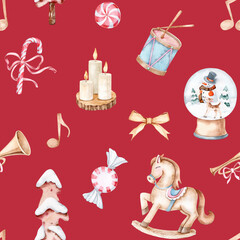 Watercolor Christmas Toys and Candy Seamless Pattern