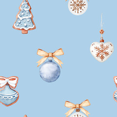 Dusty Blue and Gold Christmas Ornament Seamless Pattern