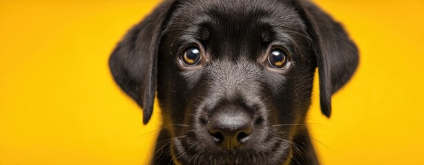 The Black Labrador Puppy With Big Brown Eyes Against Vibrant Yellow Background