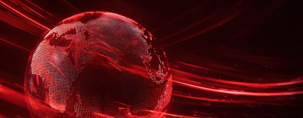 The Globe of Red Digital Light Trails Visualizing Global Data Flow