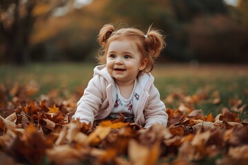 Smiling Toddler Girl Playing in Autumn Leaves Outdoors